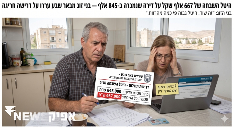 היטל השבחה של 667 אלף שקל על דירה שנמכרה ב-845 אלף — בני זוג מבאר שבע עררו על דרישה חריגה