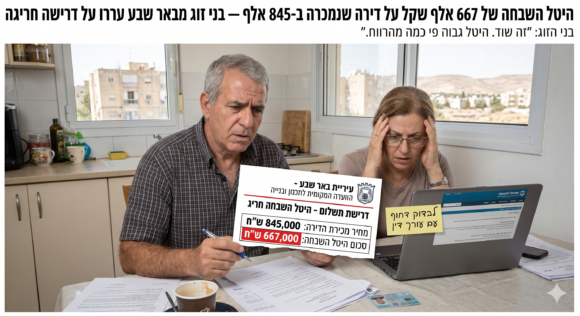 היטל השבחה של 667 אלף שקל על דירה שנמכרה ב 845 אלף — בני זוג מבאר שבע עררו על דרישה חריגה   כללי