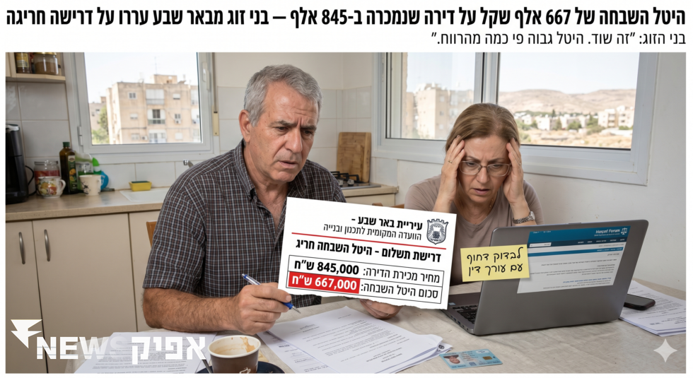 היטל השבחה של 667 אלף שקל על דירה שנמכרה ב 845 אלף — בני זוג מבאר שבע עררו על דרישה חריגה   כללי
