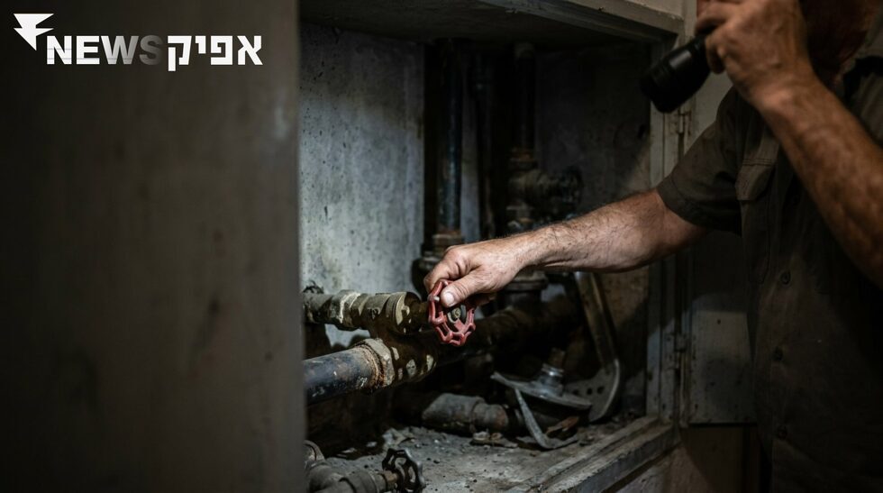 יד סוגרת ברז ראשי בארון שירות באור פנס בשעת לילה